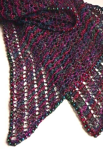 A Beaded Bias Towards Lace knitted scarf with crochet beaded edging