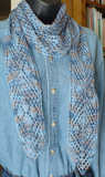 The Skinny on Lace - the extra-long sash worn as a scarf; knitted  in Lorna's Laces Shepherd Sock color Jeans