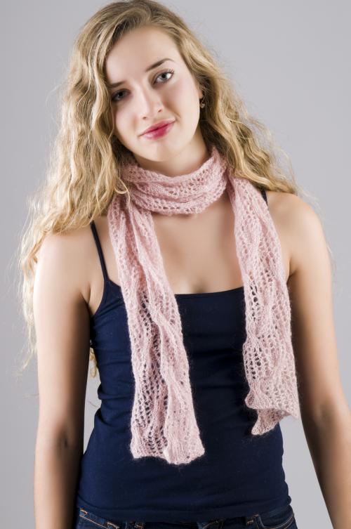 Lace and Cables Scarf showcasing Tilli Tomas Symphony Kid Lace with Beads & Glitter color Hope