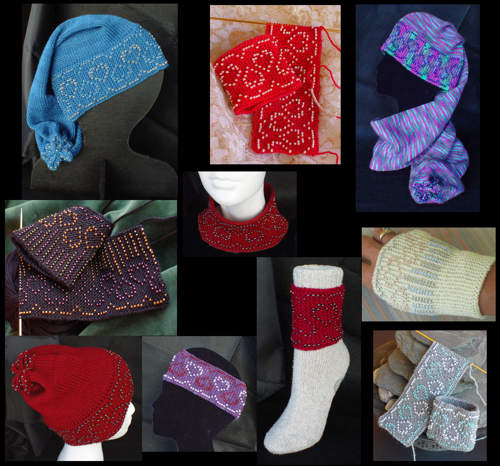 Topsy Turvy Beaded Hearts is a bonanza of 10 projects in heart-themed bead knitting designs. 4 designs for Wristlets in fingering weight yarn. 3 designs for Hats, Headband, Stand-alone Collar and Sock-Not Cuffs in sport weight or DK weight yarns 