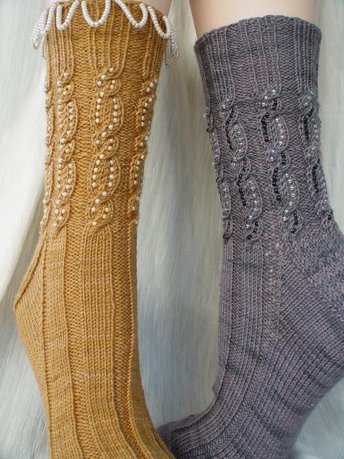 On left: Swags of Beads embellish the top of this sock variation.