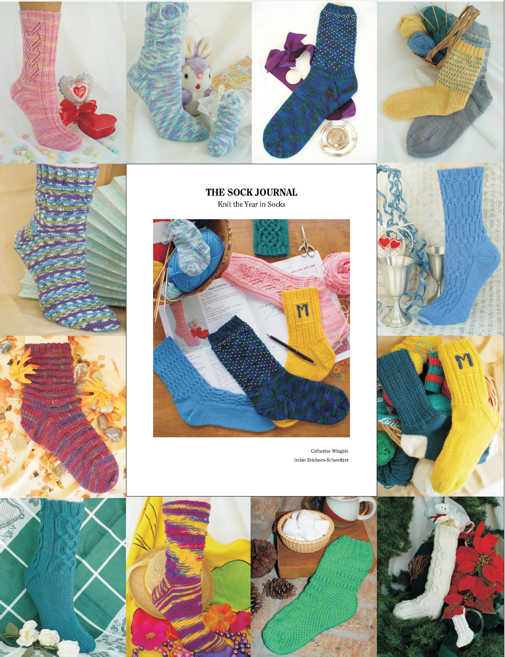 The Sock Journal cover and pictures of the 12 month by month sock designs included