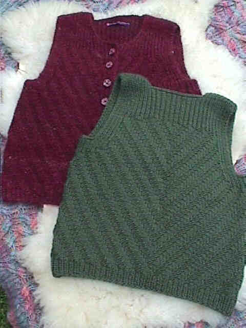 Back view of green Chevrons and Ribs. Note: the maroon vest model shown in the picture was made in handspun wool/mohair.